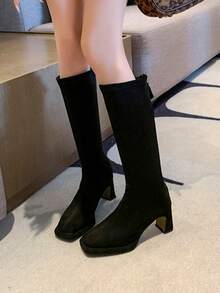 Botas de moda para mujer, nuevas llegadas del otoño/invierno 2025, botas elásticas de gamuza con suela gruesa y tacón alto, botas de plataforma, botas de vestir con cremallera trasera y tacón alto, botas marrones