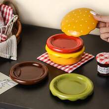 6-teiliges Set Hamburger-Geschirr, kreative, mehrschichtige Musik-Keramik-Geschirr mit niedlichen Gemüse-Tellern, Dessert-Tellern und Untertassen für Dipsaucen, inklusive niedlicher Hamburger-förmiger Teller, Schüsseln und Dessert-Teller mit Unterglasur-Farben