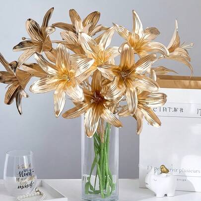 3pcs Golden Artificial Lily Flowers – Elegant Faux Lily Bouquet For Home, Living Room, Office & Wedding Table Decor, Realistic Plastic Silk Flowers In White Vase, No Maintenance Required, Durable Long-Lasting Floral Arrangement For Party, Bedroom & Gift Decoration