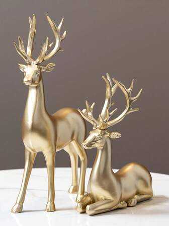 1 Set Of Modern And Unique Resin Gold Deer Sculpture, Suitable For Office, Dining Room, Home Decor, Bedroom Desk, Entryway, Wine Cabinet, Elegant Space Accent, Thoughtful Birthday Gift And Precious Housewarming Or Christmas Party Gift