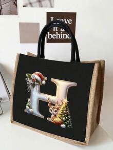 Men's Casual Tote Bag, Large Capacity Shopping Bag, Linen Beach Tote Bag Christmas Theme 26 Letter Print Commuter Tote Bag Yellow Linen Tote Bag, Shopping Bag With Gold Letter And Flower Print, Large Capacity Reusable Shopping Bag Laptop Bag Christmas Bags