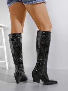 Black Snake Skin Pattern Western Style Knee-High Boots - Black - View 3