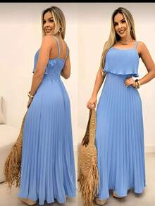 Women's Long Pleated Chic Comfortable Dress With Thin Straps - Màu xanh nhạt - Xem 5