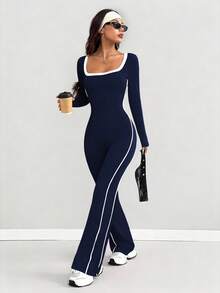 Bộ jumpsuit nữ AITYI Studio, thiết kế thời trang, cổ chữ U khoét rỗng phối dây đai tương phản, kiểu dáng thể thao năng động, ôm sát, gợi cảm và thoải mái theo phong cách Y2K, phù hợp cho mặc hàng ngày, đi làm, dự tiệc, kỳ nghỉ, ngày Quốc khánh, tựu trường, ngày Valentine, tháng Tự hào, lễ hội Carnival, lễ hội âm nhạc, bộ jumpsuit ống loe dệt kim thoải mái mới mùa xuân 2026. - Màu xanh hải quân - Xem 4