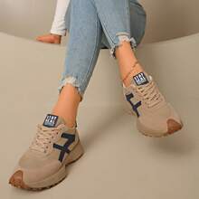 女士撞色运动鞋，休闲系带低帮运动鞋，舒适步行运动鞋 - 卡其色 - 查看 2