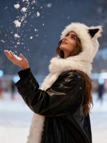 1pc Soft Plush Cat Ear Hat With Integrated Scarf, Unisex Winter Warm Fashion, Lightweight Knitted, Snap Closure, Suitable For Singles Party, Fuzzy Fox Hat, Autumn/Winter Bomber Hat With Scarf, Cute Bear Hat For Cycling Autumn Outfits - Multicolor - View 3