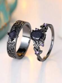 Royal Blue Crystal Oval Stone Purple Zirconia Ring Sets For Women Black Metal Engagement Bands Wedding Jewelry Set Versatile Gifts