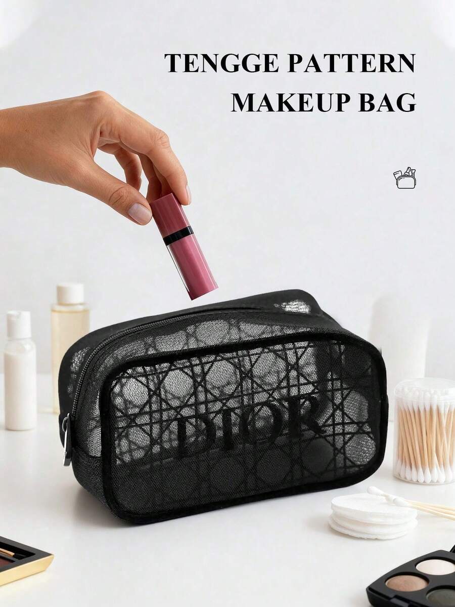 Christian Dior 黑色网状刺绣化妆包 - 便携式化妆收纳袋，可收纳粉盒、口红和刷子 - 旅行、学校、度假必需品、化妆收纳袋、便携式化妆包、拉链封口 - 黑色 - 查看 1