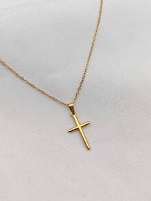 1pc Elegant Cross Necklace, Gold-Tone Cross Pendant Necklace, Everyday Necklace, Chic Casual Cross Jewelry, Waterproof Gold-Plated Stainless Steel Jewelry, Prayer Necklace, Jewelry Gift For Her