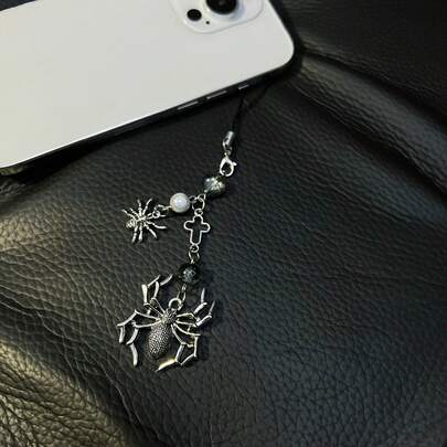 New Arrival High-End Halloween Style, Ins , Original Design Dark Style, Personalized, Y2K, Metallic Style, Handmade Beaded Glass Bead Cross, Cute Metal Spider Design, Phone Lanyard, Phone Charm, Phone Pendant, Bag Charm, Earphone Case Charm, Keychain