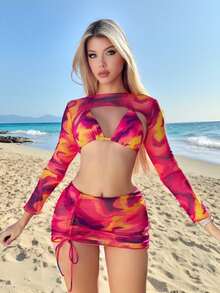 Conjunto De Bikini De Varios Piezas Con Estampado Floral,Sujetador Con Cordones Y Bottom Fruncida,Conjunto De Tankini Fruncido Con Cordón Y Estampado Floral,Traje De Baño Separado De Varias 4 Piezas - Rosa Fucsia - Ver 1