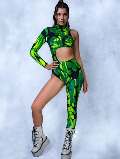 Combinaison sexy pour femme, ajustée, asymétrique, pour performance, vacances, imprimée, à manches longues, costume d'Halloween
