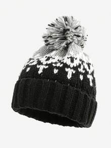 1 gorro de malha quente e versátil com blocos de cores e pompons coloridos, ideal para uso diário no outono/inverno, à prova de vento e quentinho, ótimo presente para homens. - Multicolorido - Ver 4