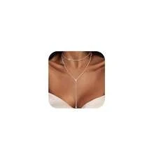 Luxval Lariat Gold Necklace For Women, Dainty Long Necklace 14k Gold Plated/Silver Y-Shaped Pendant Necklaces  Beaded Chain Drop Necklaces Jewelry For Women Gifts{"Color_name":"Silver-Wavecz"} - 銀波茨 - 查看 1