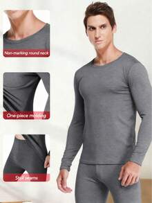 男士灰色羊毛圆领保暖内衣套装冬季睡衣套装寒冷天气户外防寒保暖打底室内舒适睡衣秋冬礼物