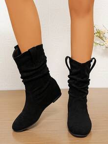 1 Pair Women's New Style Comfortable Round Toe Platform Mid-Calf Boots, Thermal Lined Pull-On Boots - Black - View 3