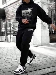 青少年男童帅气字母印花长袖加厚抽绳连帽衫和运动裤休闲两件套，抓绒面料，适合秋冬季节，青少年男孩礼物