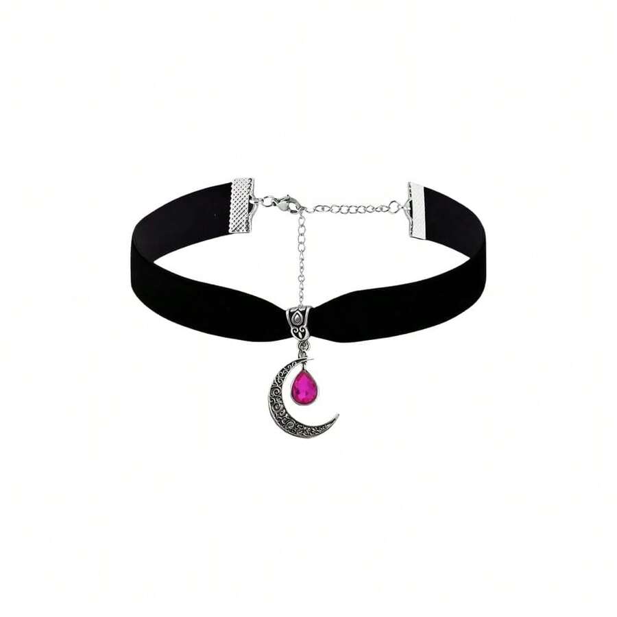 Rrdaily Gothic Moon Crystal Necklace Punk Style Moon Pendant Necklaces Vintage Black Crescent Necklace Dark Gothic Necklaces Costume Jewelry New Year Jewelry For Women{Inchcolor_nameinch:InchPinkinch} - 粉色 - 查看 1