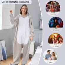 Pijama Entero Acolchado Unisex para Adultos | Color Gris con Patrones de Gatitos Cartoon | Modelo Otoño-Invierno Ideal para Parejas | Ropa de Dormir Perfecta para Halloween y Navidad - Gris - Ver 5