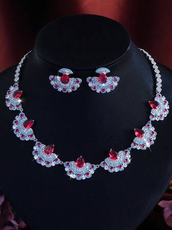 一套艺术扇形设计红色立方氧化锆蓝色绿松石网球项链和耳环，镀银，女士独特婚礼首饰套装，适合新娘订婚宴会派对，送给新娘、未婚妻、女士、女友、妻子、母亲、周年纪念礼物