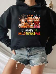 Happy Halloween Thanksgiving Christmas Highland Cow Holiday Hooded Sweatshirt - Black - View 5