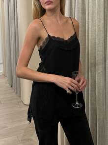 Lace Trim Cami Top For Women, Sleeveless Spaghetti Strap Tank, Elegant Summer Blouse - Black - View 5