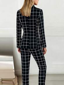 Elegant Casual Plaid Blazer And Pants Suit - Black - View 3