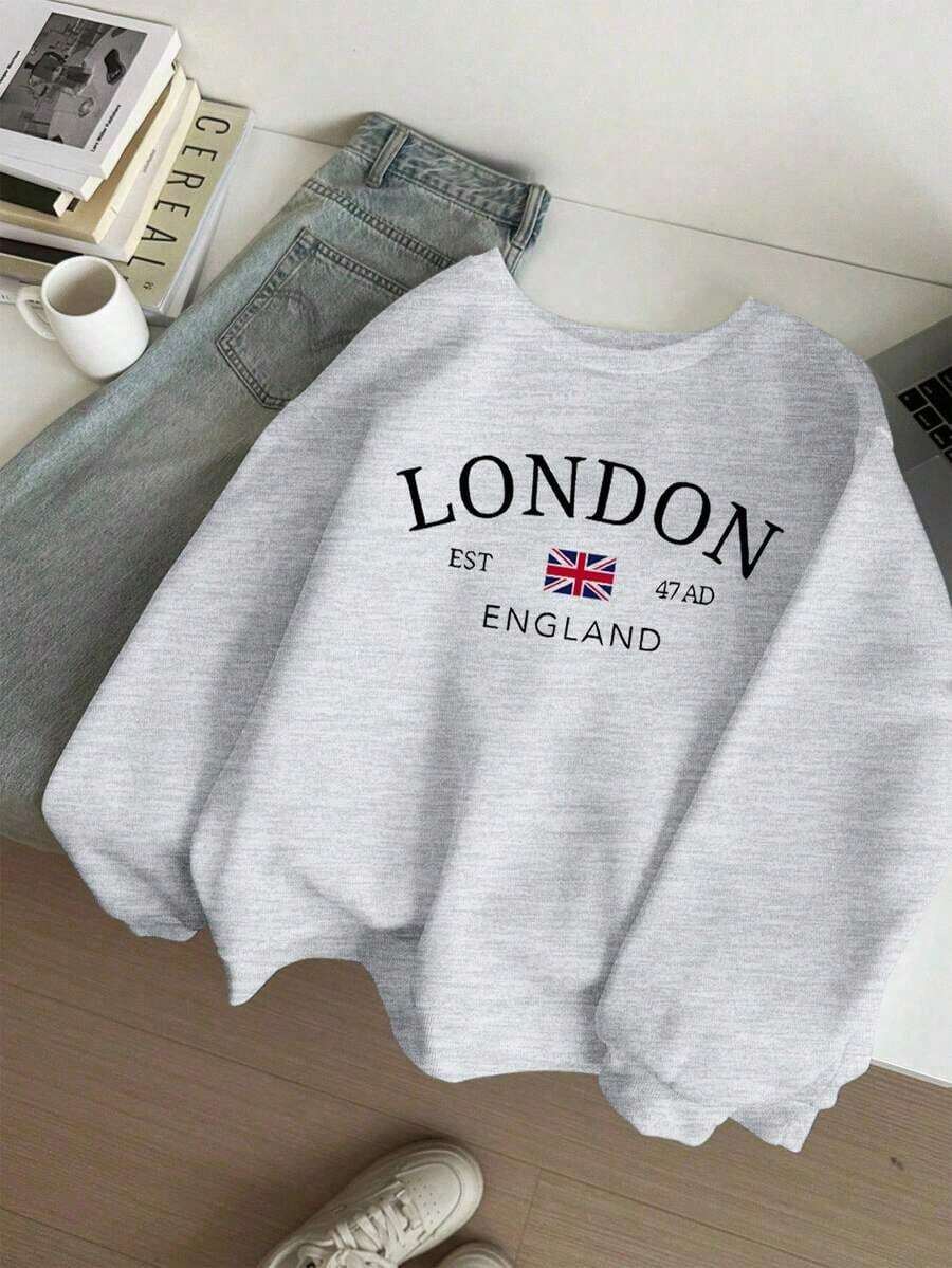Hoodies For WomenCasual Simple London Flag Print Pattern Loose Round Neck Long Sleeve Sweatshirt For Women Autumn And WinterLoose And Comfortableed Hardy Clothes Tops - Màu Xám nhạt - Xem 1