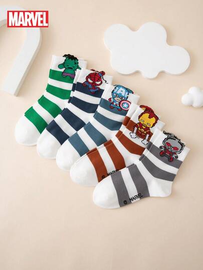 Marvel 5 双个性化卡通可爱多色提花漫威系列钢铁侠和绿巨人条纹图案儿童袜子，中筒袜，四季皆宜，欧洲/美国尺码，舒适透气耐用，色彩鲜艳，适合日常穿着，优质面料，不出汗