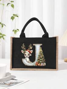 Men's Casual Tote Bag, Large Capacity Shopping Bag, Linen Beach Tote Bag Christmas Theme 26 Letter Print Commuter Tote Bag Yellow Linen Tote Bag, Shopping Bag With Gold Letter And Flower Print, Large Capacity Reusable Shopping Bag Laptop Bag Christmas Bags