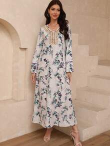 Vestido de manga larga con estampado floral, patchwork de ganchillo, vestido elegante y modesto de línea A tipo kaftan y jalabiya, para fiesta de noche/invitada de boda/aniversario/uso diario - Multicolor - Ver 3