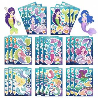 Sanrio 8 piezas de collages de cambio de cara de sirena creativos, pegatinas manuales hechas a mano, pegatinas divertidas a prueba de agua, regalos perfectos para fiestas, regalos de vacaciones para fans. (Estilo aleatorio)