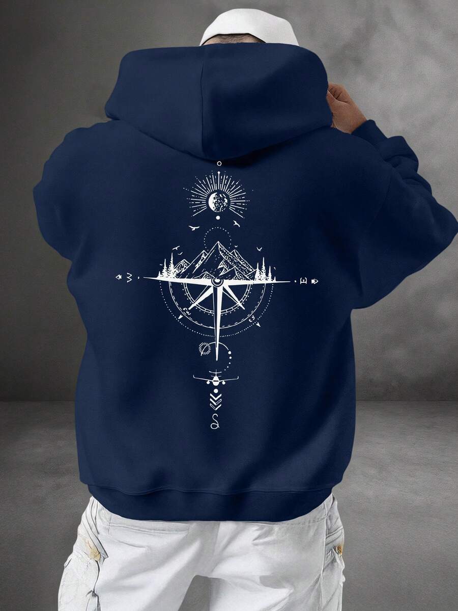 Men's Hooded Sweatshirt With Wind Rose Print Kangaroo Cold Weather Blouse Flannel Coat Cold Winter - 藏蓝色 - 查看 1