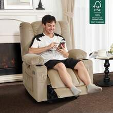 MCombo - Silla reclinable de gravedad cero con masaje de calor y vibración, silla reclinable con puertos USB y tipo C, portavasos para sala de estar, tela 6079 (color beige mediano 22 pulgadas de - 1 - Ver 4