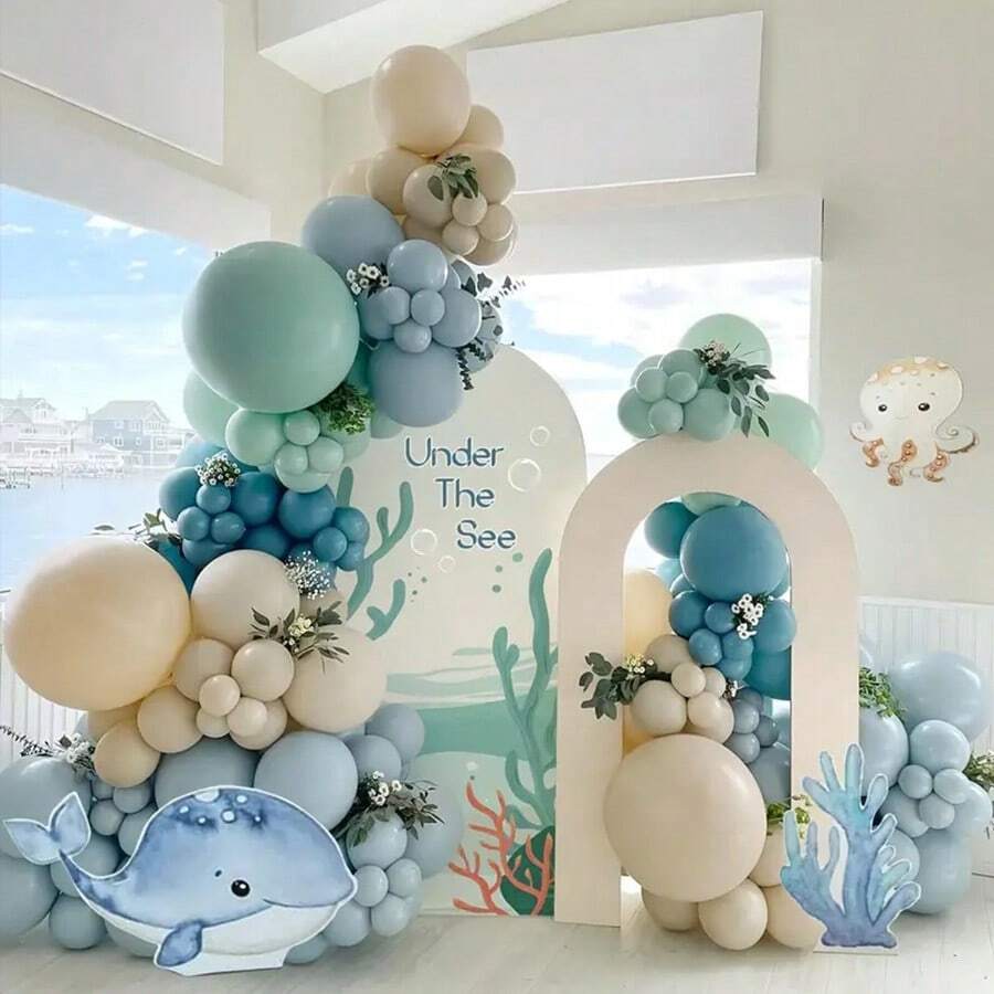 126 piezas Kit de arco de globos submarino, incluye globos de látex en colores azul pálido, blanco arena, verde claro y azul mar, adecuado para decoración de baby shower y fiesta de cumpleaños con tema oceánico - Multicolor - Ver 1