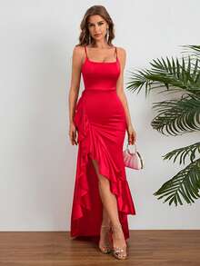 Women Summer Dress, High-End Elegant Sexy Spaghetti Strap Ruffle Hem Slit Dress Party Dress For Women, Suitable For Valentine's Day, Dates, Gatherings, Parties, Travel, Vacation, Beach Wedding Spring - 紅色 - 查看 2