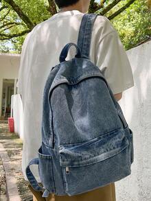 1pc Vintage Peach Tree Backpack For Men, Fashionable Solid Color, Adjustable Shoulder Straps, Zipper Closure, Casual Daypack, Large Capacity, Lightweight Washed Canvas, College Style - Blue - View 1