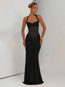 性感吊带露背收腰高开衩连衣裙，网纱拼接度假派对婚纱黑色春季款 - 黑色 - 查看 5