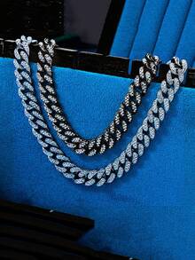 2 piezas Conjunto de collar y pulsera de alta calidad de estilo hip hop, collar de eslabón cubano brillante y pulsera, joyería hip hop con diamantes, diseño de lujo adecuado para hombres y mujeres, accesorios para el cuello y la muñeca, diamantes brillantes - multicolor - Ver 6