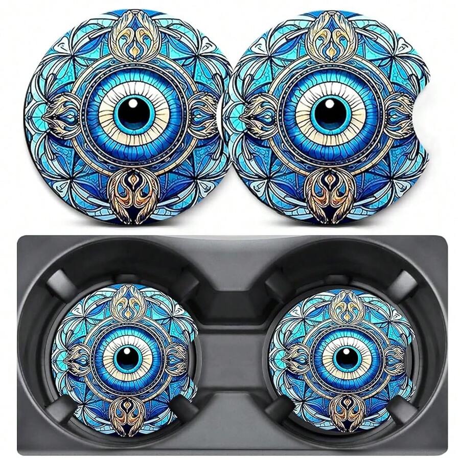 2 Pack Car Coasters For Cup Holders,Car Cup Holder Coasters,2.75" Universal Size Anti Slip Rubber Mat,Automotive Cup Holder Decal Decor,Car Accessories Interior For Men,Women{"Color_name":"EvilEyes","Size_name":"2PCS"} - EvilEyes - Xem 1