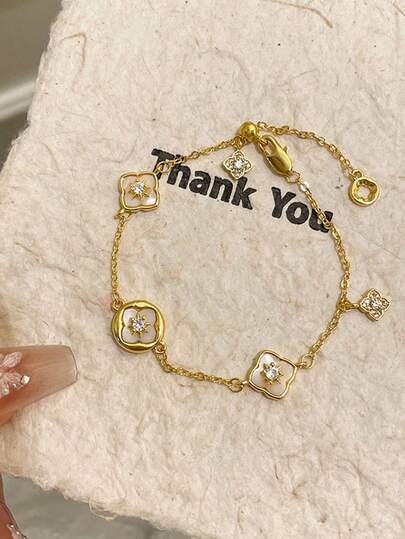 1pc Stainless Steel 2025 New Rhinestone Clover Bracelet, Vintage Fashionable Luxury Delicate Niche Design Bracelet Without Box
