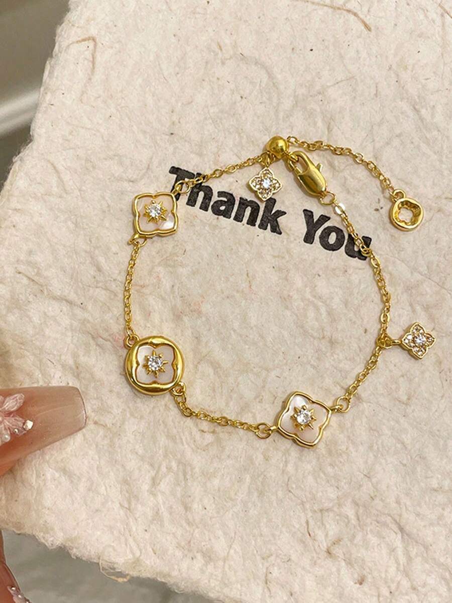 1pc Stainless Steel 2025 New Rhinestone Clover Bracelet, Vintage Fashionable Luxury Delicate Niche Design Bracelet Without Box