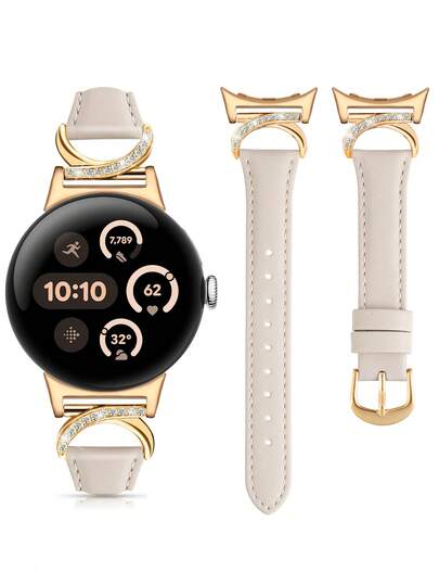 适用于 Pixel Watch 3 (41mm/45mm)、Pixel Watch 2 和 1 的时尚真皮表带 - 纤薄优雅的女士表带 - C 形钻石表扣 - 舒适透气 - 适合商务、婚礼、约会、日常佩戴