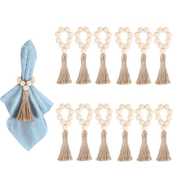 12pcs Handmade Wooden Bead Napkin Rings, Natural Wood Beads & Tassels Napkin Rings, Wooden Napkin Rings, Wedding Table Decor Rings