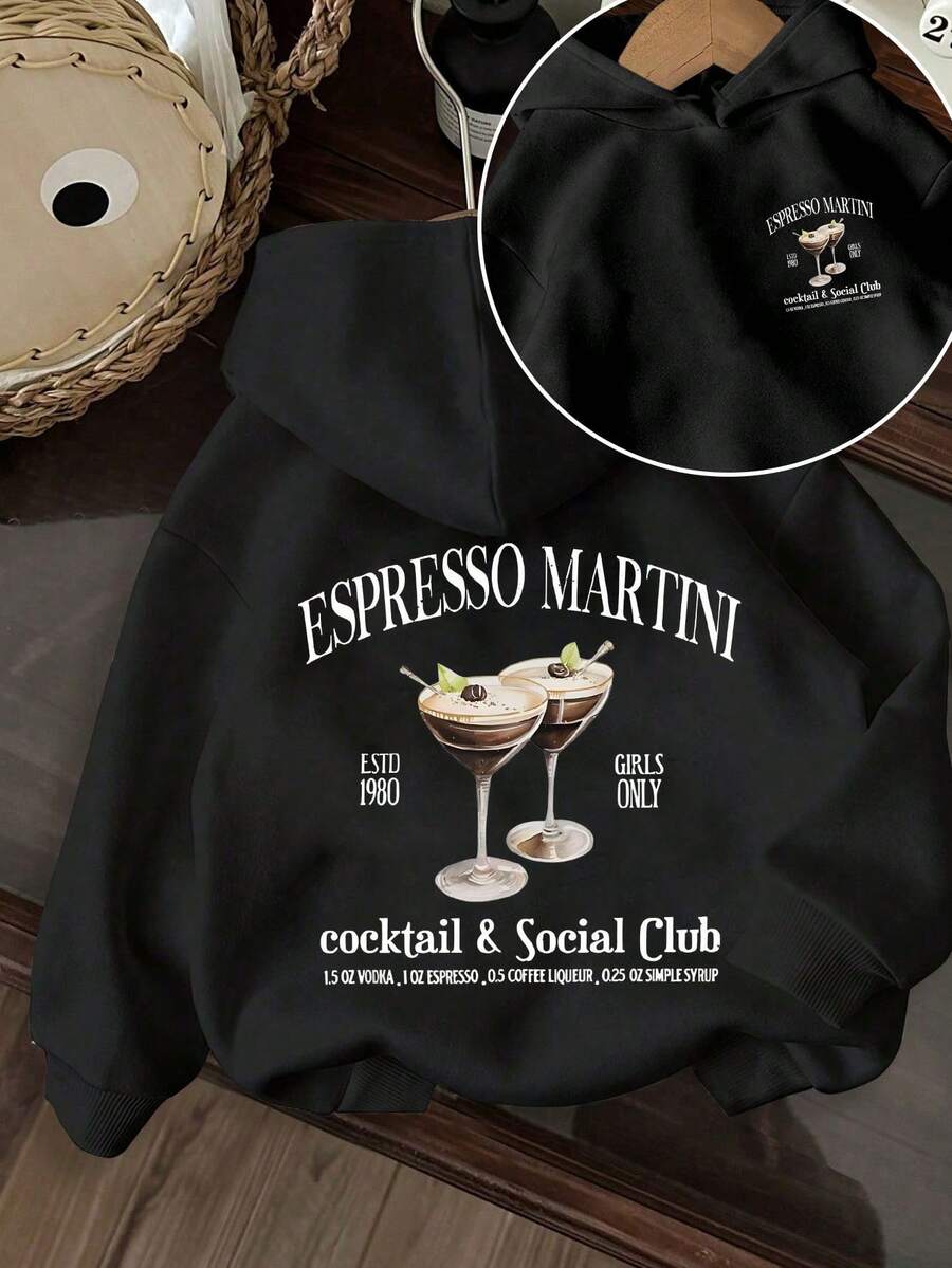 ESPRESSO MARTINI Club Graphic Sweatshirt, Women's Long Sleeve Casual Pullover Sweatshirt With Pockets, Fall Back To School Clothes - Black - View 1