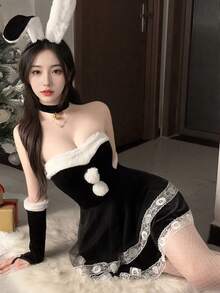 四件套性感内衣套装，天鹅绒连衣裙，兔耳朵毛球蕾丝装饰，性感诱惑，节日庆典服装，情人节圣诞节服装