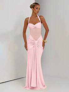 Sexy Spaghetti Strap Backless Waist Cinched High Slit Dress, Mesh Patchwork Vacation Party Dress - Pink - View 4