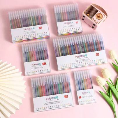 1 Set Of 8/12/24/36/48 Colors Glitter Gel Pens, Glitter Drawing Pens, Journaling Pens, Highlighter Pens, Fluorescent Pens, Children's DIY Creative Art Drawing Pens, Metallic Marker Pens, Highlighter Pens, Wonderful Christmas Gift