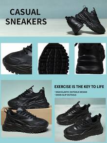 秋冬女式运动前厚底运动鞋，双色图案系带厚底鞋，黑色，轻便透气，舒适户外运动鞋 - 黑色 - 查看 8