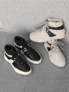 High-Top Casual Shoes For Teenagers, Black & White Color Block, Elevated, Versatile High Street Style, Soft Sole, Fashionable High-Top Sneakers For Young Men, Outdoor Sports Shoes